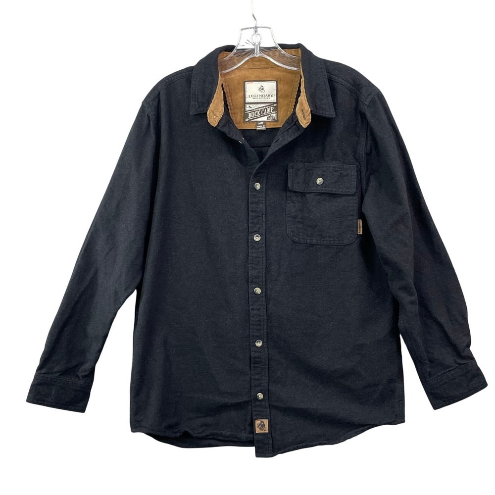 Legendary Whitetails Buck Camp Flannel Mens MD Black Cotton Corduroy Trim Shirt